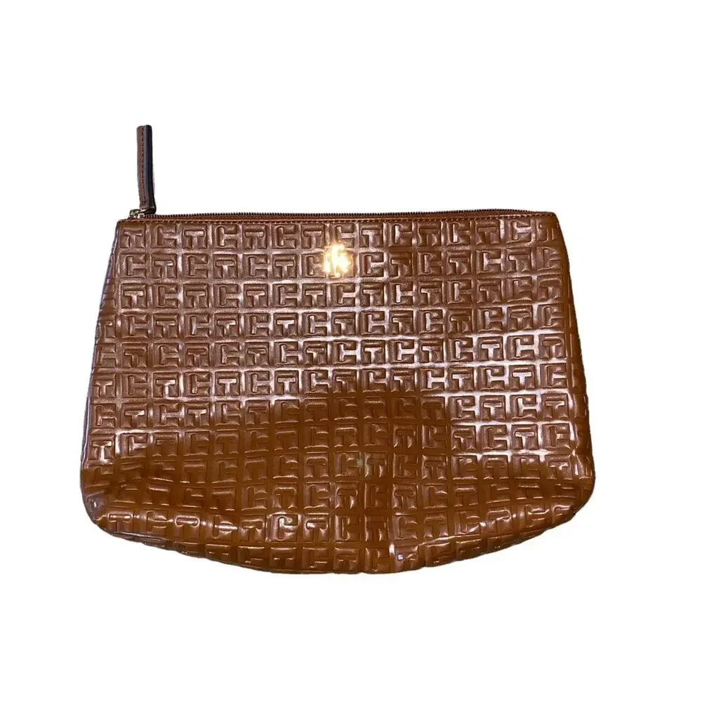 Tommy Hilfiger Faux Leather TH Embossed Brown Gold Accent Zipped Pouch Bag 13